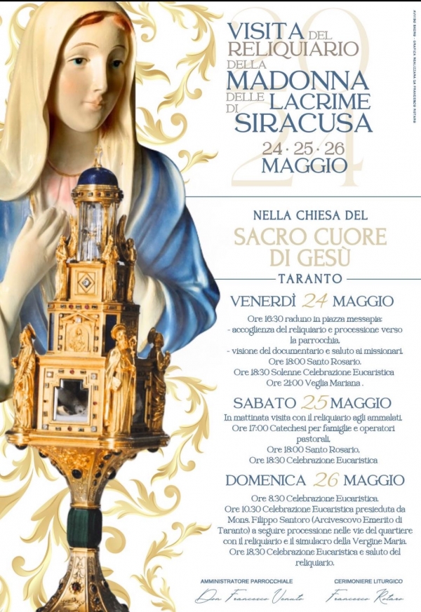 FEDE- TARANTO/ Grande attesa al Sacro Cuore per l\&#039;arrivo da Siracusa del reliquiario della Madonna delle lacrime